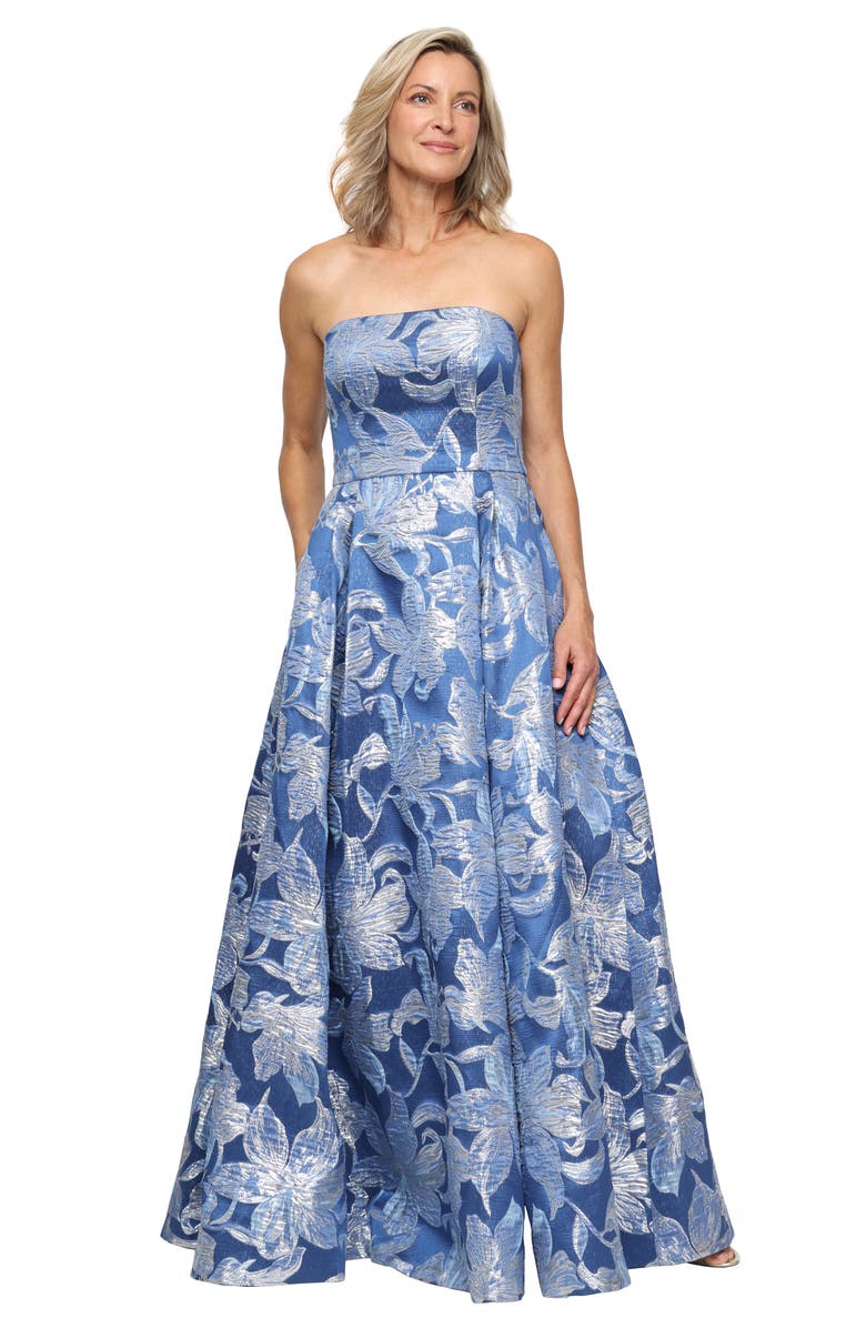 Alex Evenings Strapless Floral Jacquard Gown, Alternate, color, Brushed Periwinkle