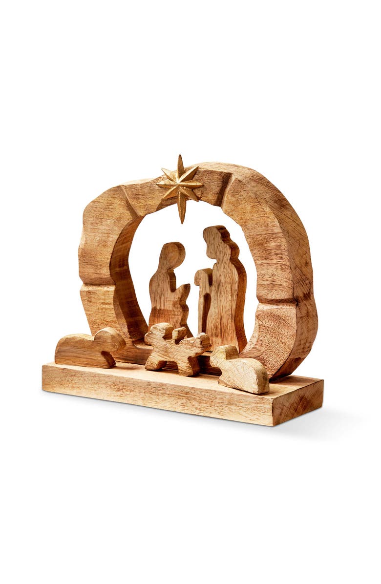 tag Carved Wood Nativity Scene Decorative Holiday Figurines, Main, color, Brown