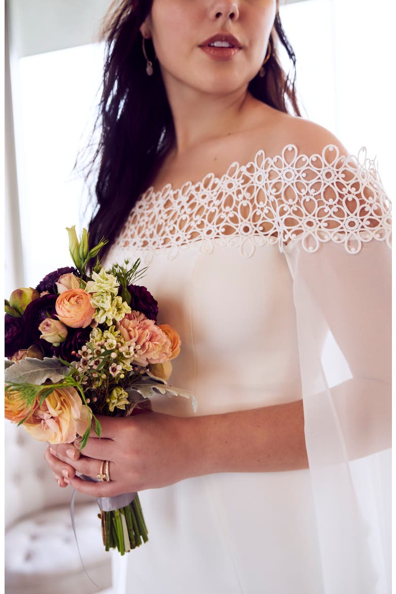 Danica Off the Shoulder Gown with Cape, Alternate, color, OFF WHITE
