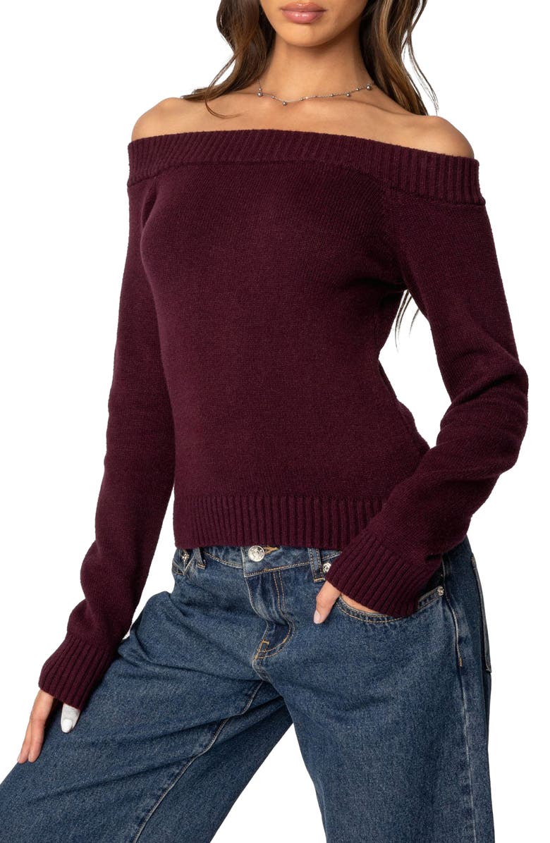EDIKTED Elona Off the Shoulder Long Sleeve Knit Top, Alternate, color, Burgundy