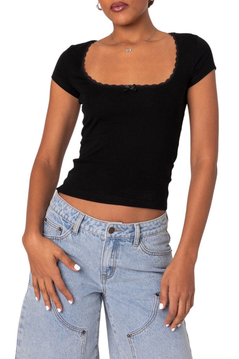 Priscilla Lace Trim Stretch Cotton Crop Top, Main, color, BLACK