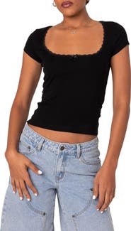 EDIKTED Priscilla Lace Trim Stretch Cotton Crop Top