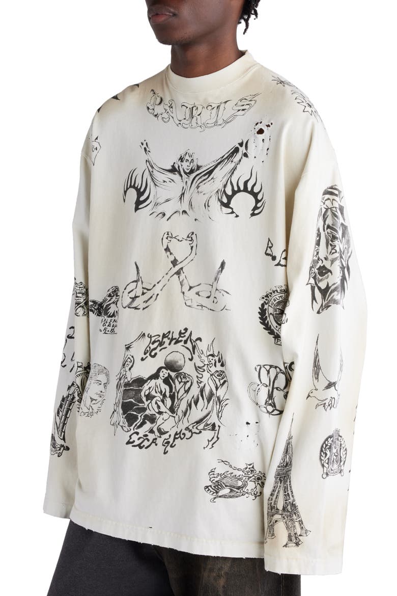 Tattoo Distressed Long Sleeve Cotton Graphic T-Shirt, Alternate, color, OFF WHITE/ BLACK
