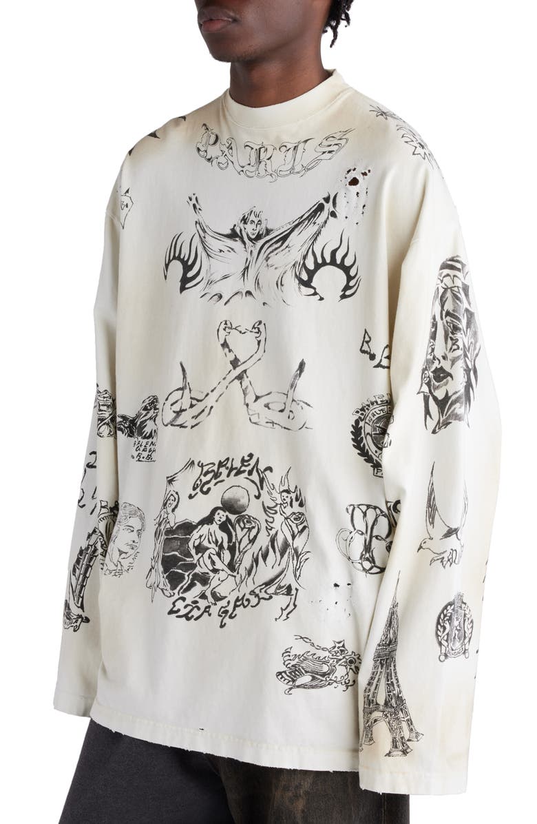 Balenciaga Tattoo Distressed Long Sleeve Cotton Graphic T-Shirt, Alternate, color, 