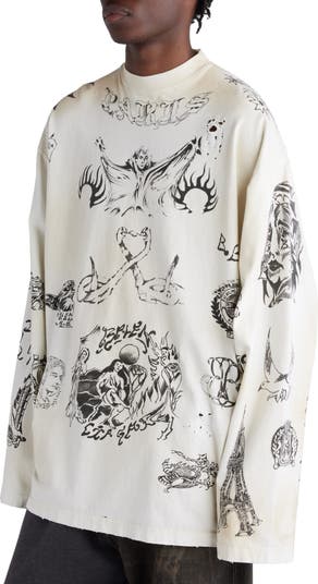Tattoo Distressed Long Sleeve Cotton Graphic T-Shirt