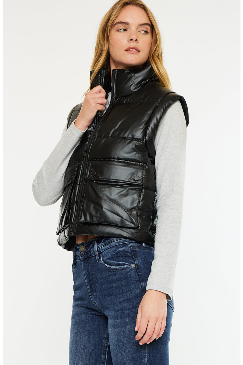 Obsidian Cropped Faux Leather Puffer Vest, Alternate, color, Black