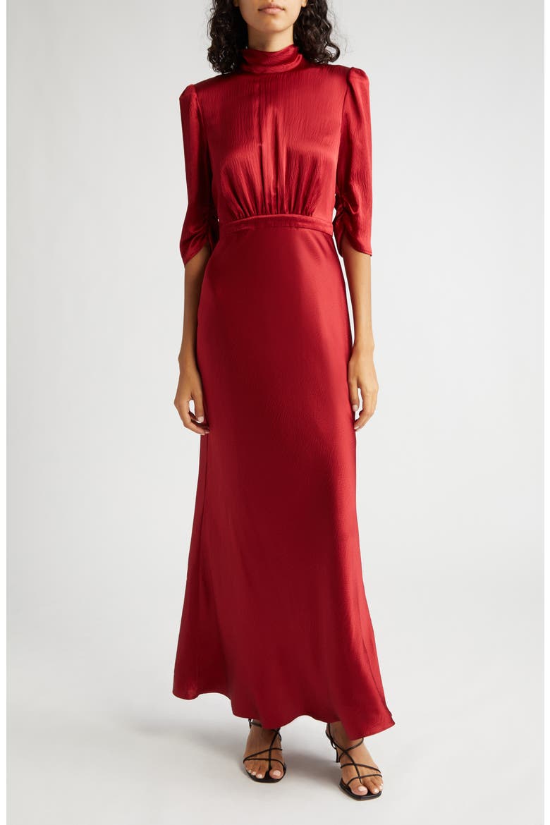 Adele Mock Neck Silk Dress, Main, color, GARNET RED