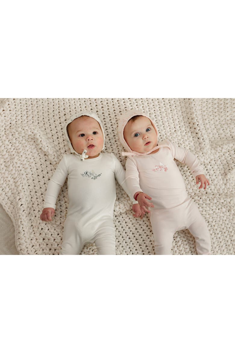 Bird & Floral Chest Detail Bonnet Romper Set, Alternate, color, Powder