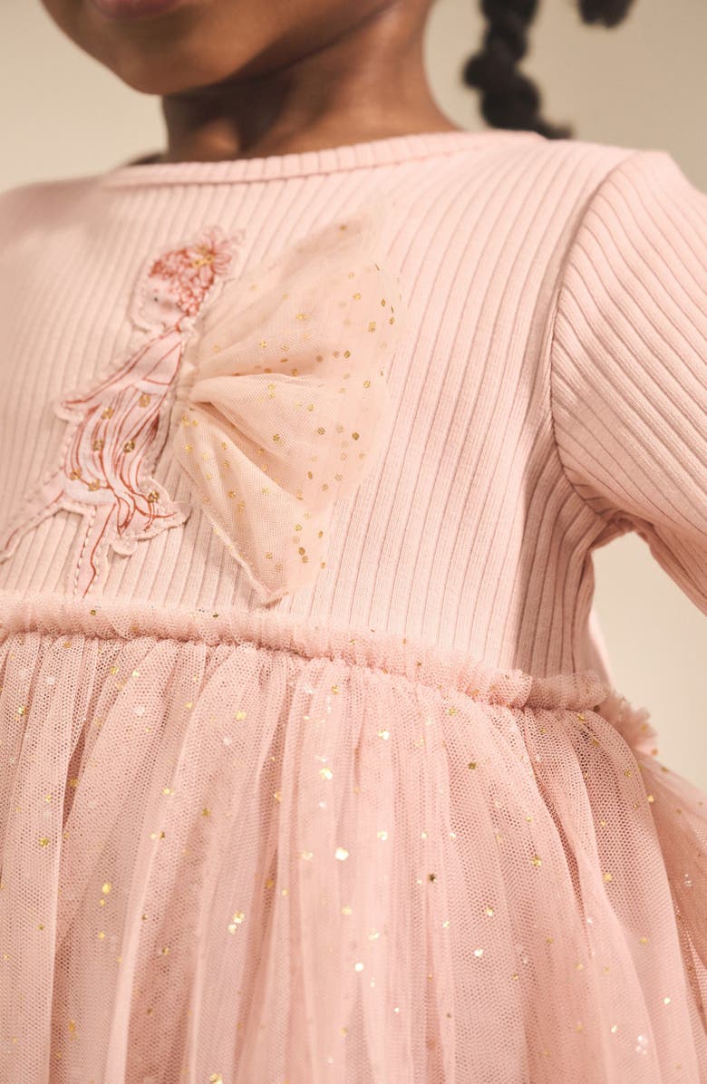 NEXT Kids' Mixed Media Fairy Appliqué Long Sleeve Tulle Party Dress, Alternate, color, Pink