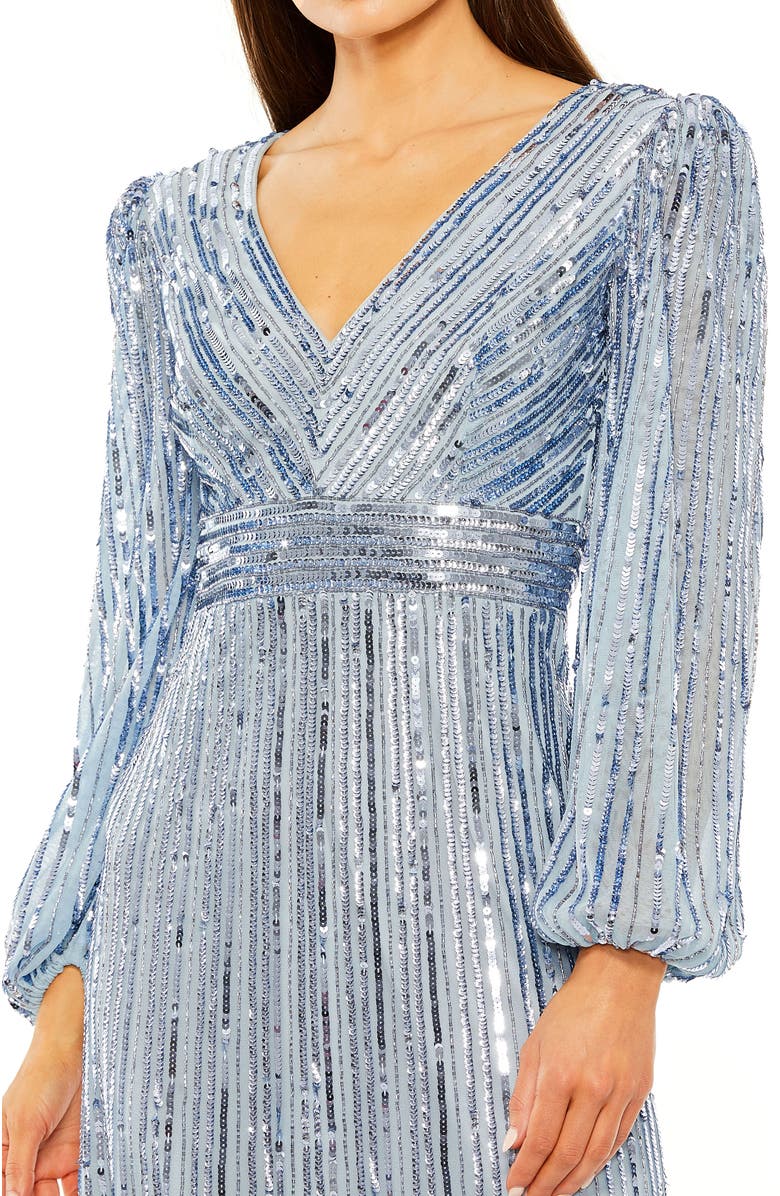 Mac Duggal Long Sleeve Deep V Tiered Ruffle Sequin Dress, Alternate, color, Slate Blue
