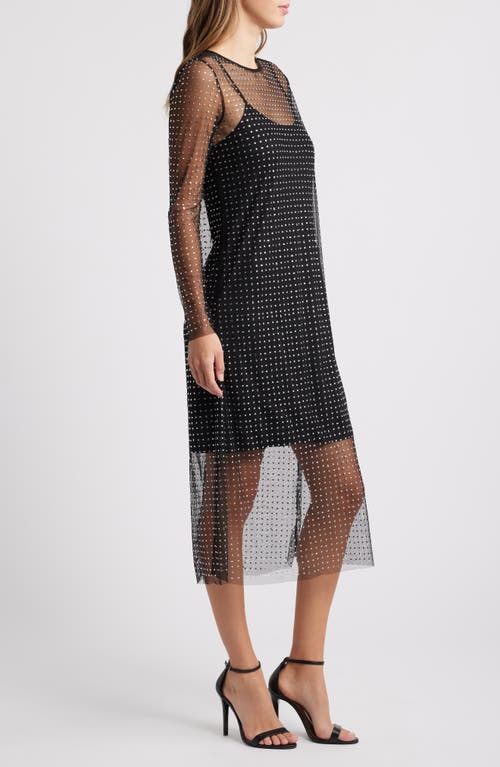 Halogen ® Crystal Detail Long Sleeve Mesh Overlay Midi Dress In Rich Black