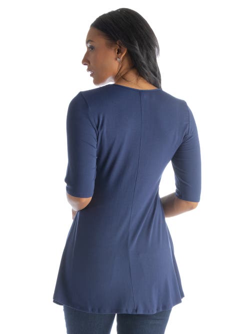 24seven Comfort Apparel Petite Elbow Sleeve Swing Crew Neck Tunic Top In Navy