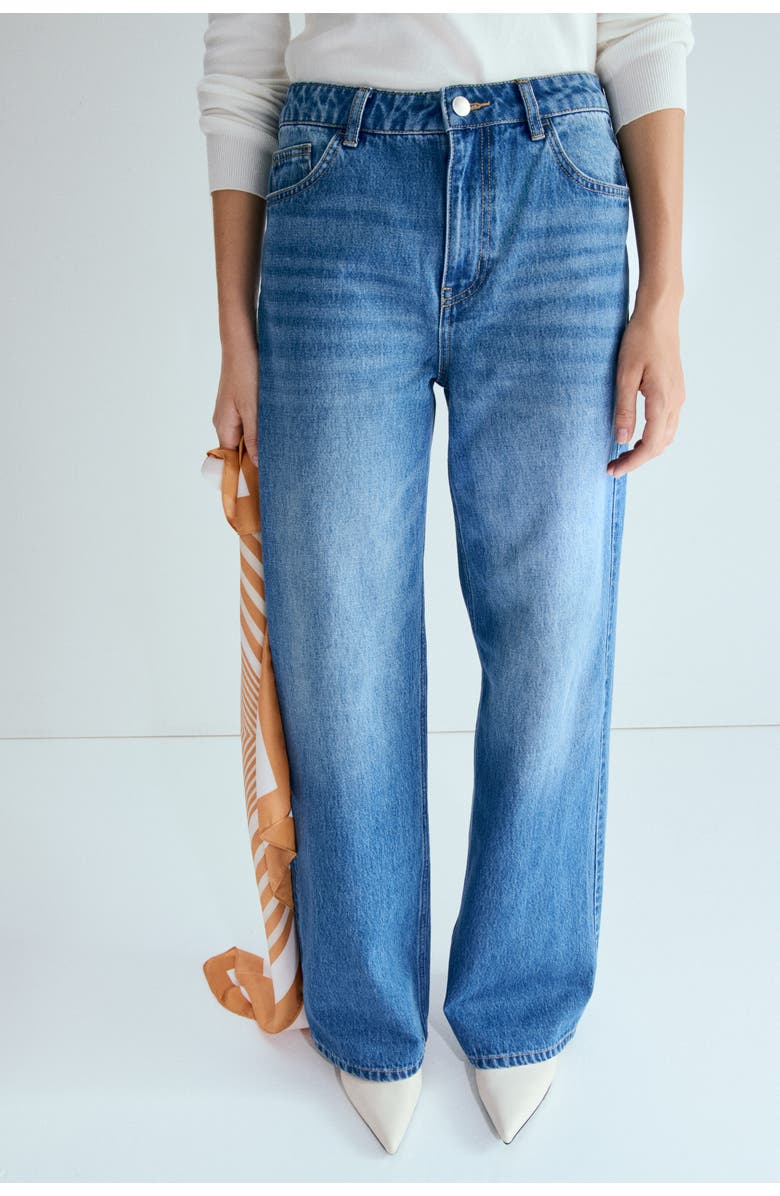 H&M Straight High Waist Scarf-detail Jeans, Alternate, color, Denim Blue/Orange