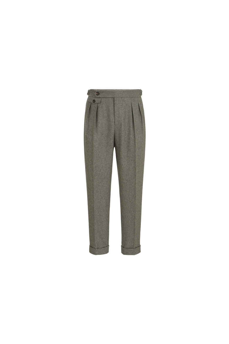Virgin wool flannel trousers with double pleats and waist tabs, Alternate, color, Military