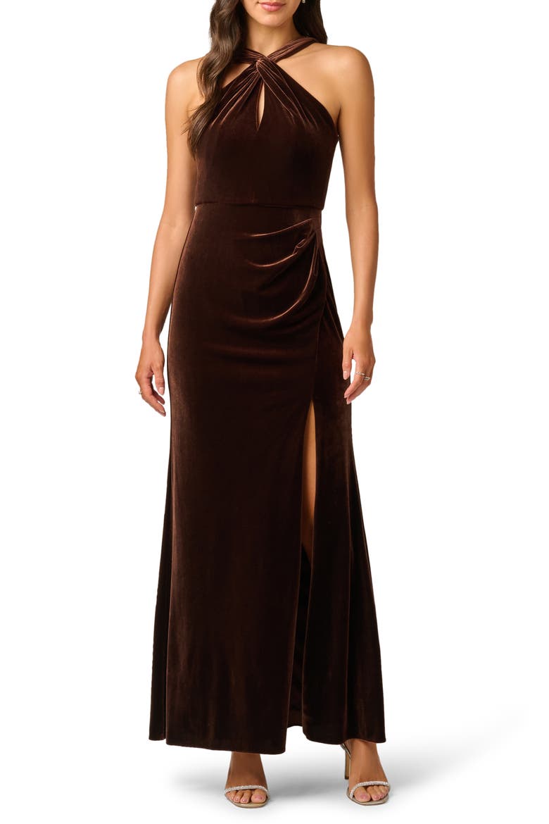 Velvet Keyhole Halter Mermaid Gown, Main, color, DARK BROWN