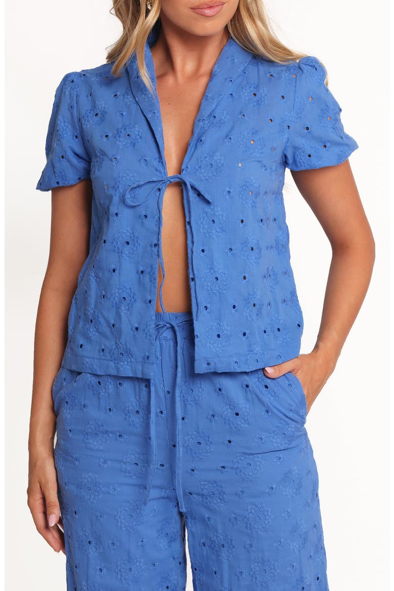 Ksenia Eyelet Embroidered Tie Front Cotton Top, Main, color, COBALT