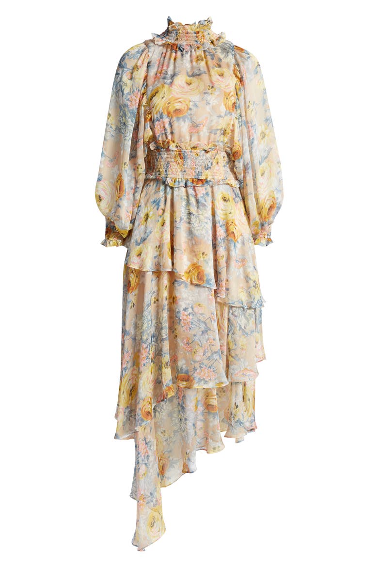 Astrid Floral Print Long Sleeve Asymmetric Chiffon Dress, Alternate, color, BEIGE MULTI