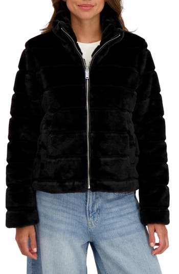 Sebby Hooded Faux Fur Jacket In Black