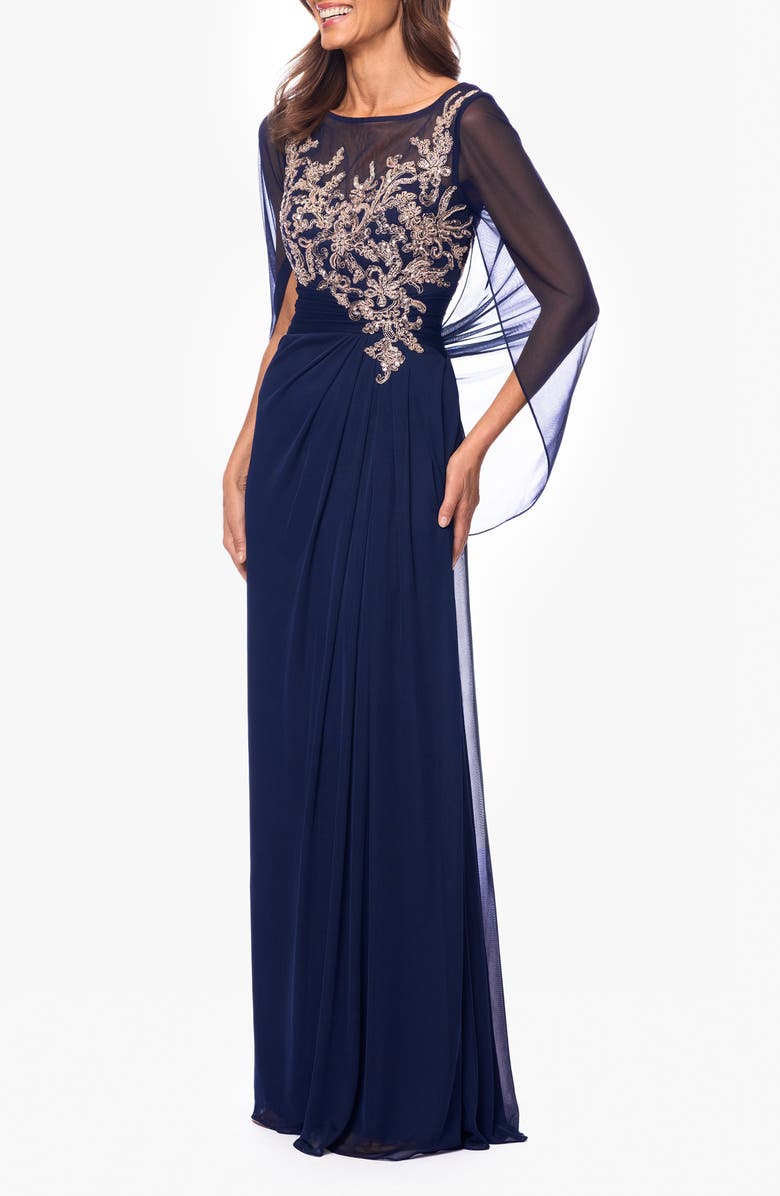 Betsy & Adam Rhinestone Appliqué Cape Back Gown, Alternate, color, 