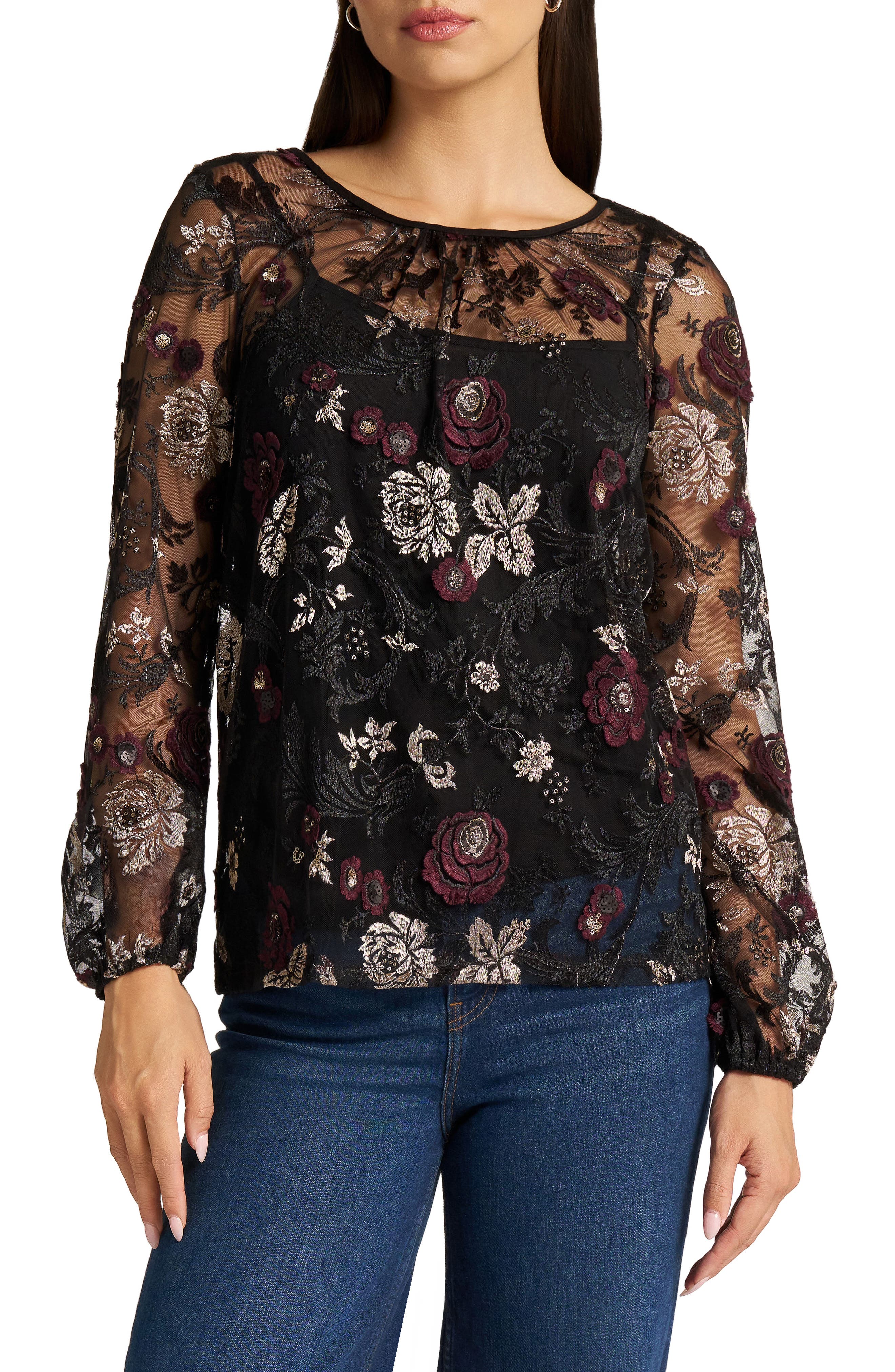 Embroidered Mesh Top with Camisole