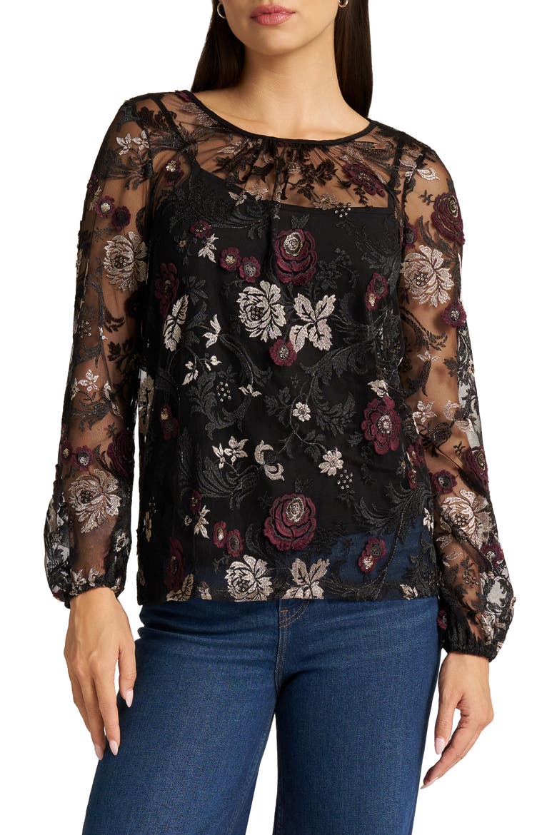 Embroidered Mesh Top with Camisole, Main, color, BLACK
