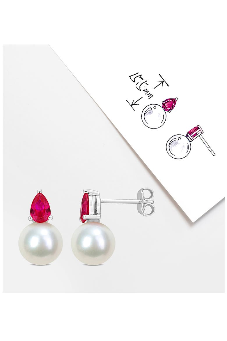 Lab Created Ruby & Freshwater Pearl Stud Earrings, Alternate, color, RED