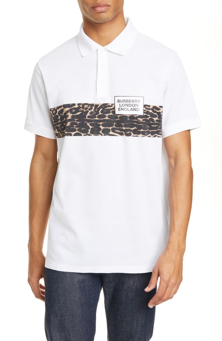 Burberry Somerville Leopard Stripe Short Sleeve Piqué Polo, Main, color, 