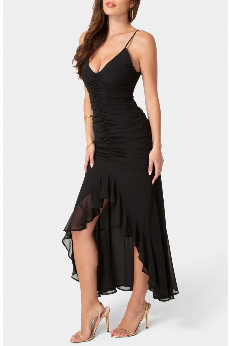 Cascading Ruffle Ruched Chiffon High-Low Dress, Alternate, color, BLACK