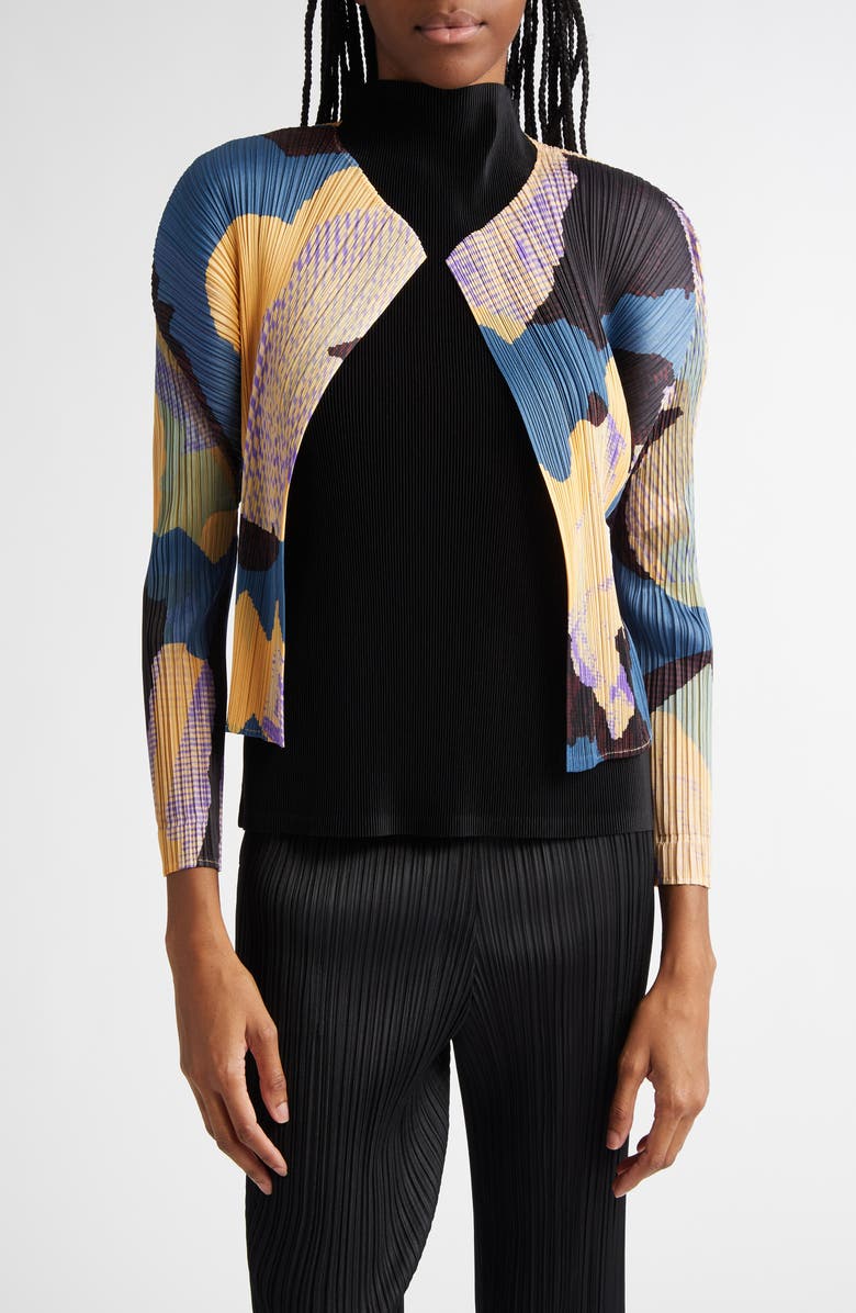 Pleats Please Issey Miyake Meteorite Print Pleated Open Front Cardigan, Main, color, 