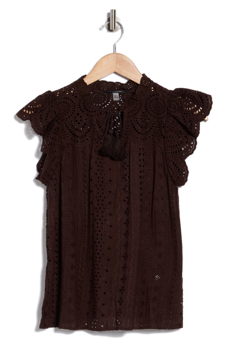 Embroidered Eyelet Cap Sleeve Top, Alternate, color, GANACHE