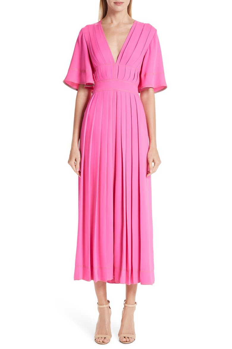 Pleated Silk Georgette Midi Dress, Main, color, ULTRA PINK