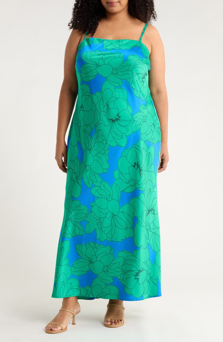 SUGARLIPS Morgany Floral Stretch Satin Maxi Dress, Main, color, Blue-Green