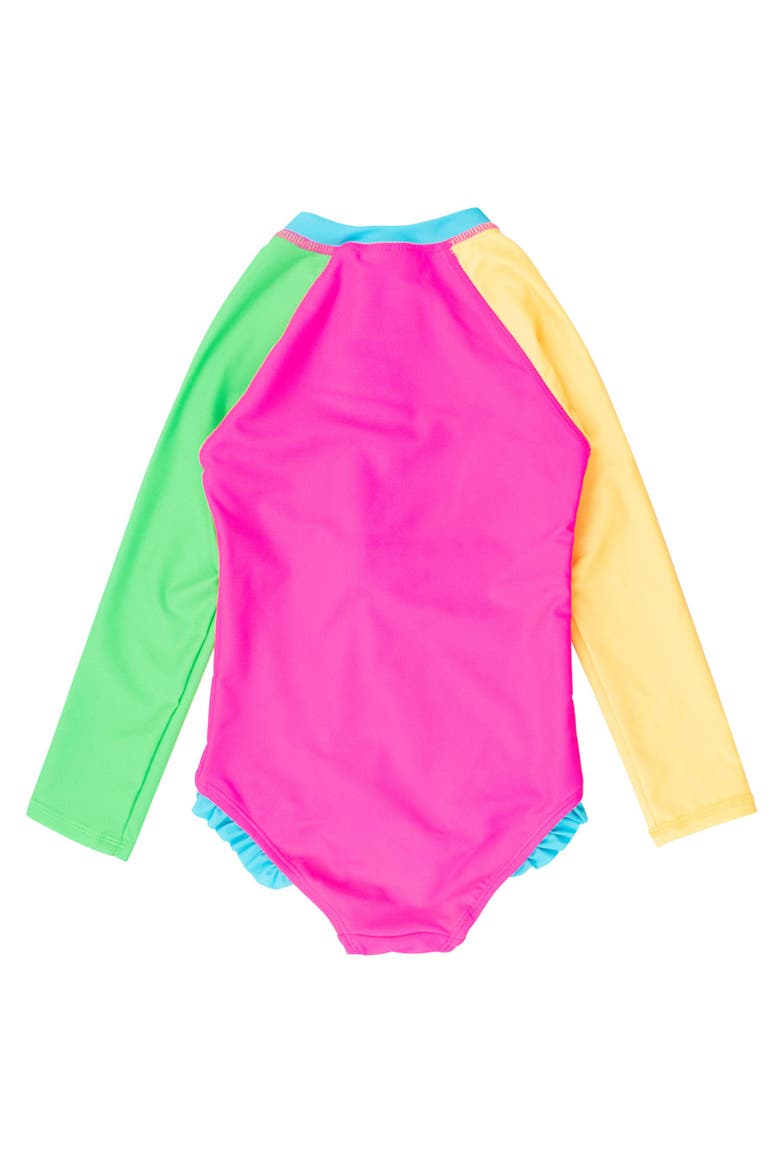 Girls UPF50+ Sun Protection Long Sleeve Rash Guard One Piece, Alternate, color, Neon Color Block