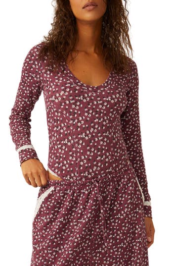 Shop Free People Sugar Dreams Floral Thermal Knit Bodysuit In Wine Combo