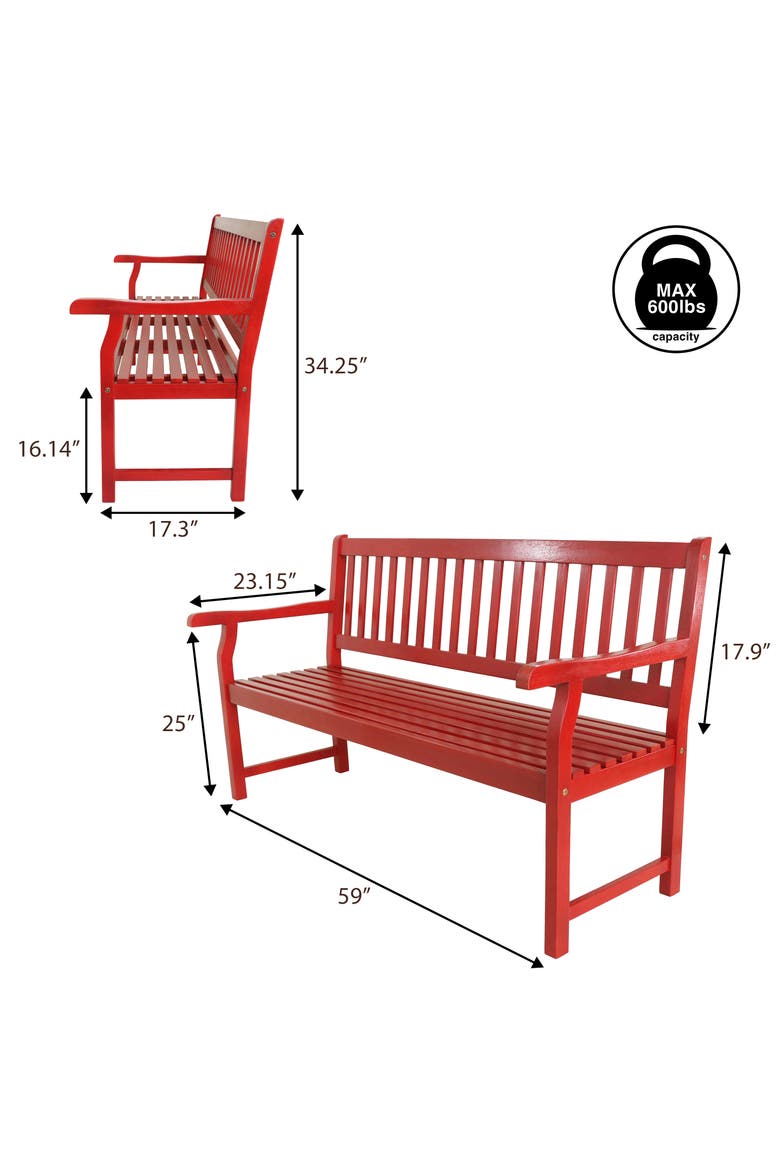 Laurel Classic Slatted Acacia Mangium Wood Indoor/Outdoor Patio Garden Bench with Armrests for Porch, Deck and Entryway, Alternate, color, Red