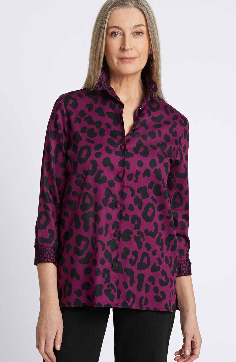 Foxcroft Carolina Animal Print Cotton Sateen Button-Up Shirt, Alternate, color, Plum/ Black