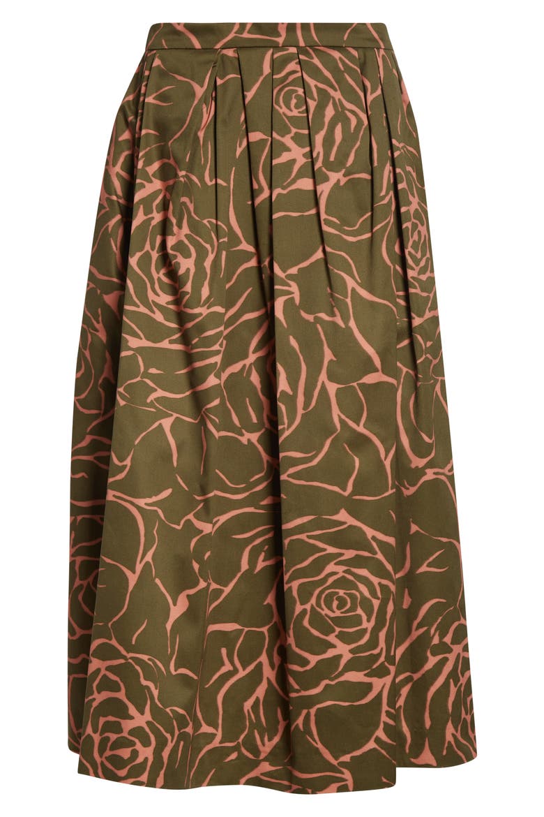 Soni Giant Couture Rose Print Pleated Cotton Poplin A-Line Midi Skirt, Alternate, color, KHAKI