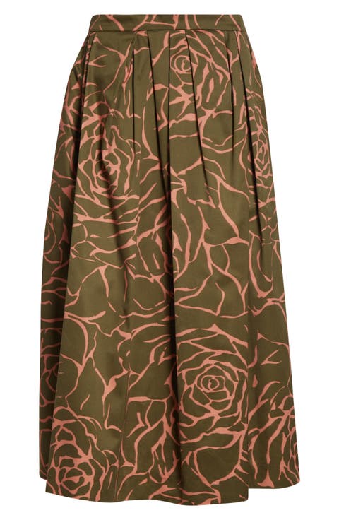 Soni Giant Couture Rose Print Pleated Cotton Poplin A-Line Midi Skirt