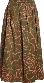 Dries Van Noten Soni Giant Couture Rose Print Pleated Cotton Poplin A-Line Midi Skirt