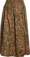 Dries Van Noten Soni Giant Couture Rose Print Pleated Cotton Poplin A-Line Midi Skirt