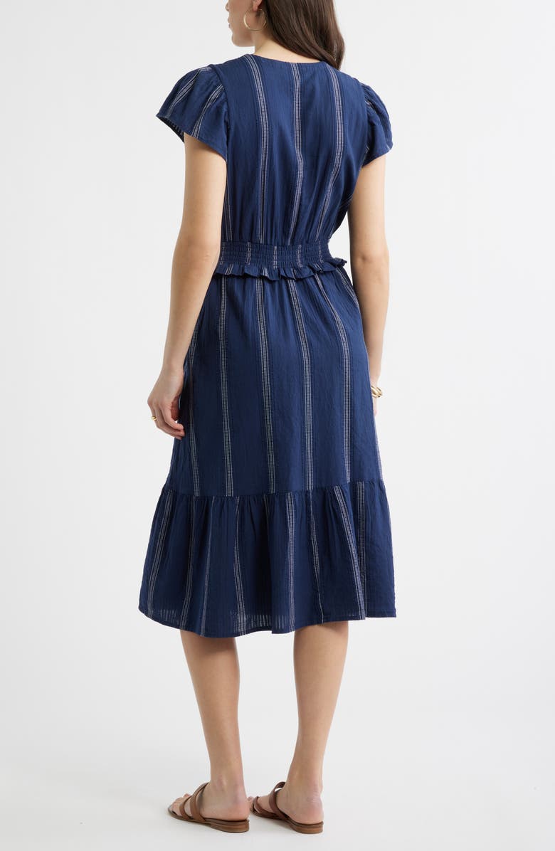 Caslon<sup>®</sup> Puff Sleeve Frill Flared Midi Dress, Alternate, color, Navy- Ivory Stripe