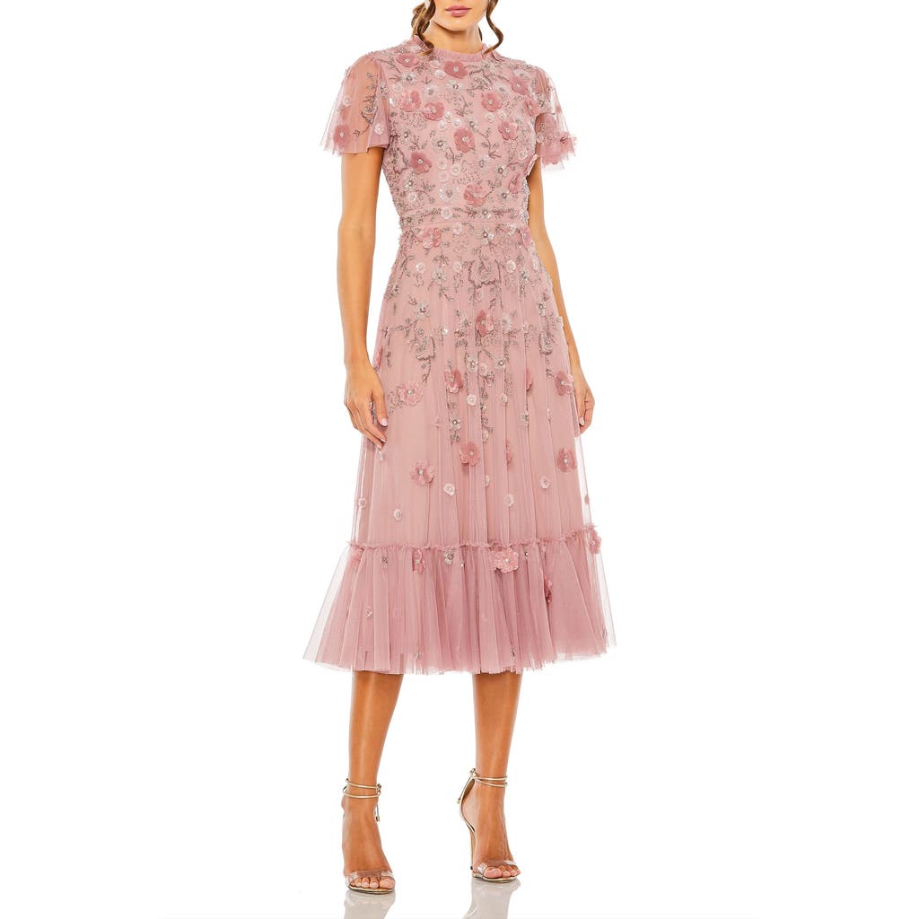 Mac Duggal Sequin Floral Cocktail Midi Dress In Berry