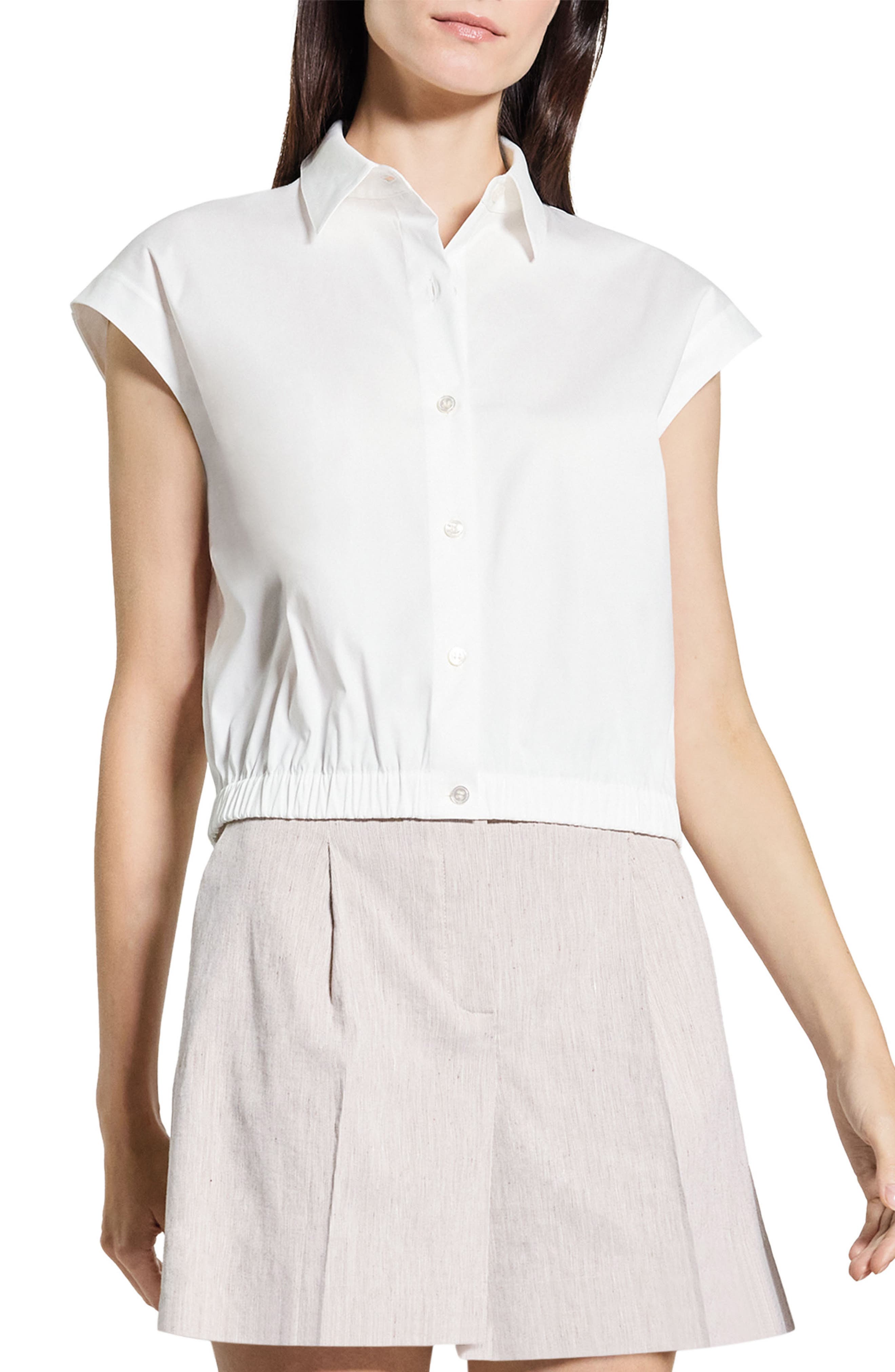 Elastic Hem Cap Sleeve Button-Up Shirt