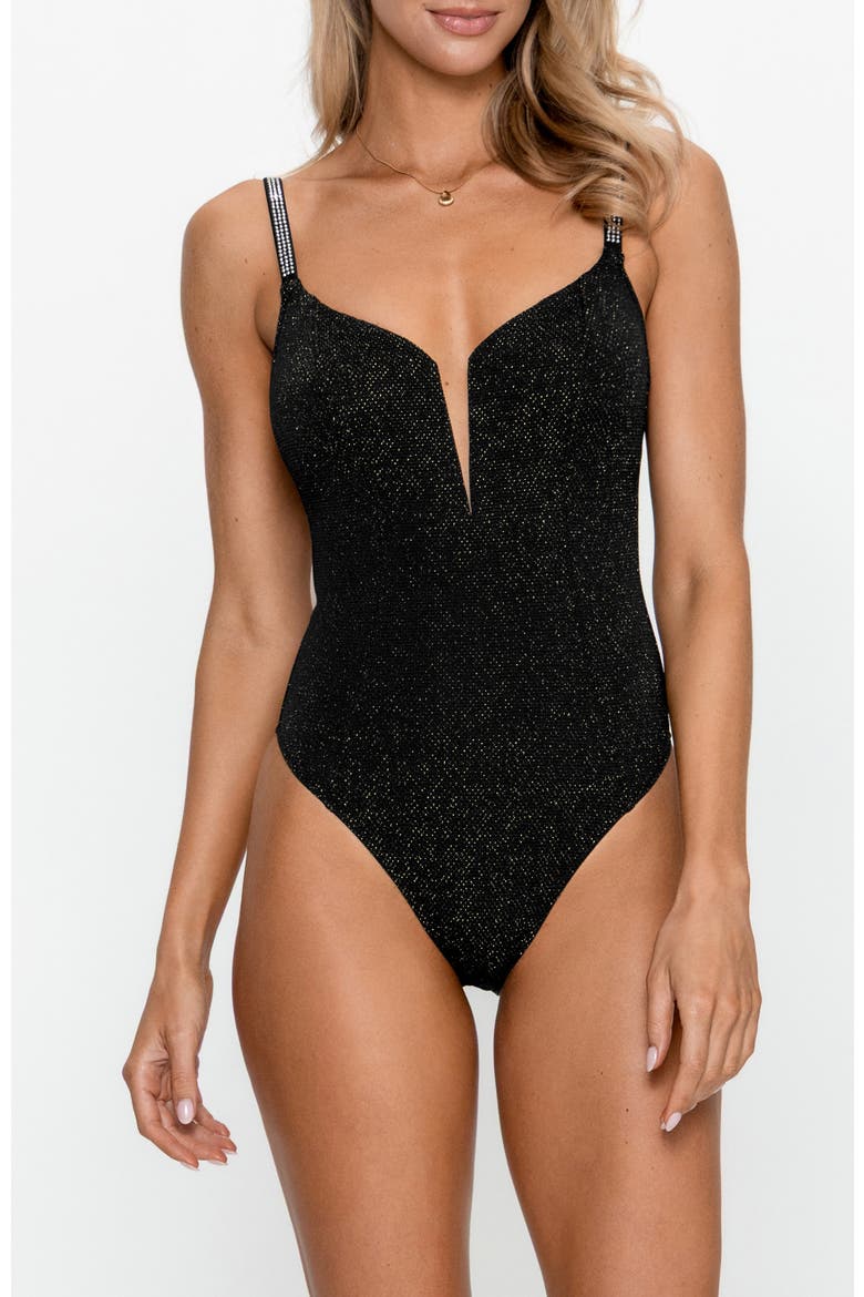 Starlight Glamour Rhinestone Strap One-Piece Swimsuit, Main, color, Black