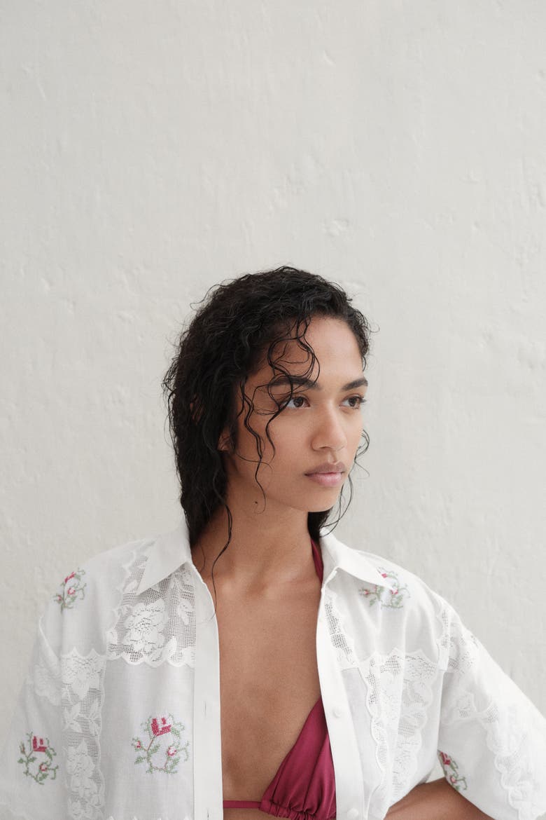 Embroidered Beach Shirt, Alternate, color, White/flowers
