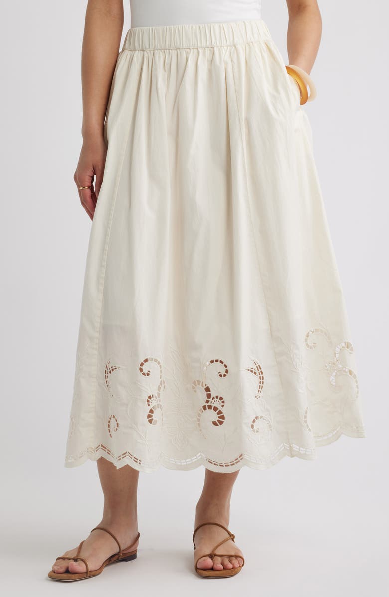 Nordstrom Schiffli Embroidered Midi Skirt, Main, color, Ivory Tofu