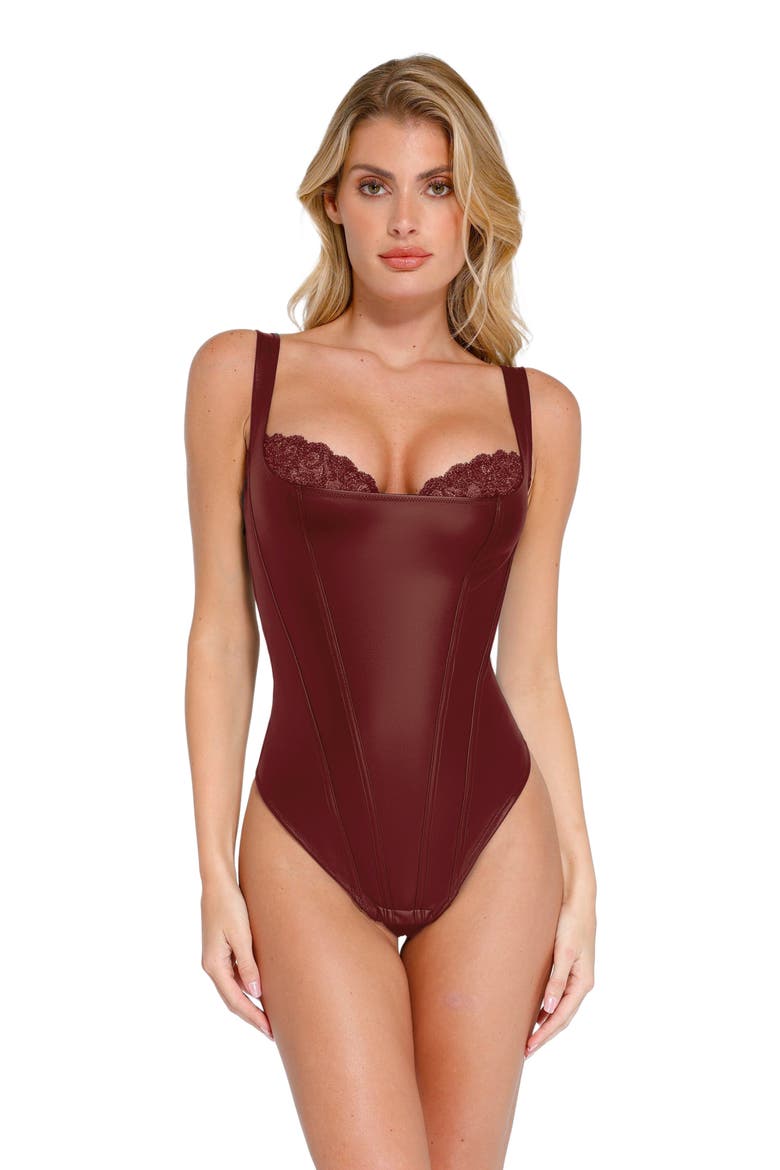 Faux Leather All-in-One Balconette Sculpting Bodysuit, Main, color, Maroon Red
