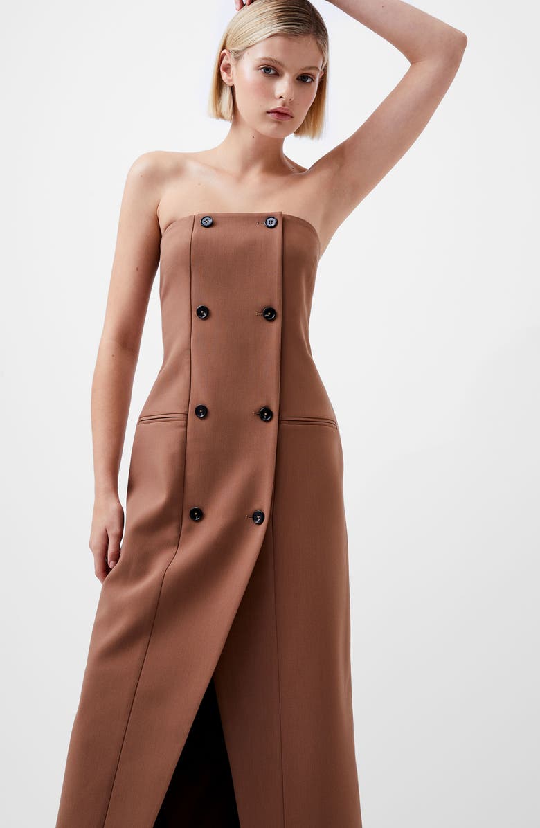 French Connection Azra Double Breasted Strapless Twill Midi Dress, Alternate, color, 25-Camel