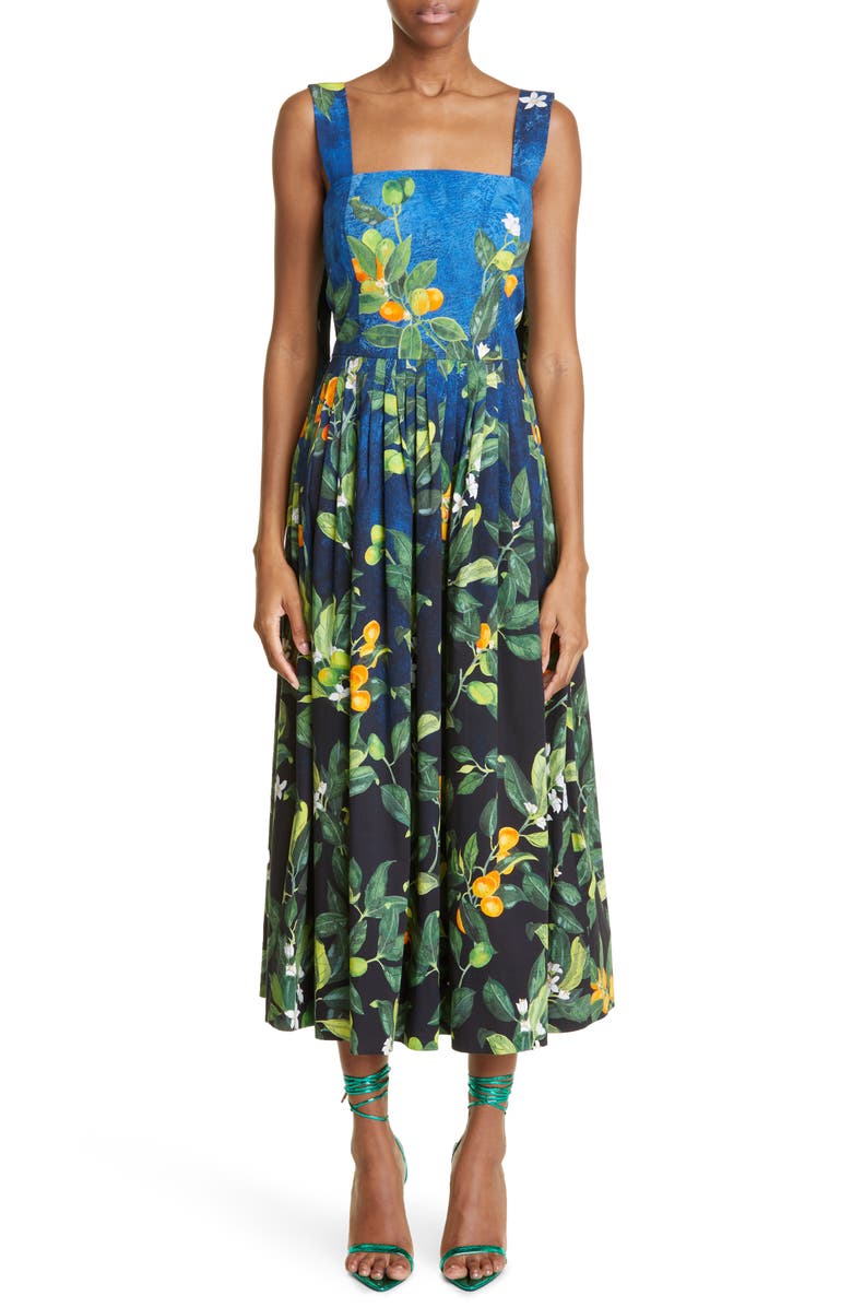 Oscar de la Renta Botanical Stretch Cotton Sundress, Main, color, Midnight Multi