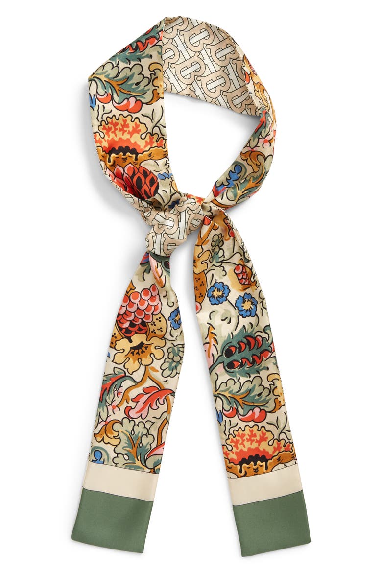 Floral & TB Monogram Print Skinny Silk Scarf, Alternate, color, SAGE GREEN
